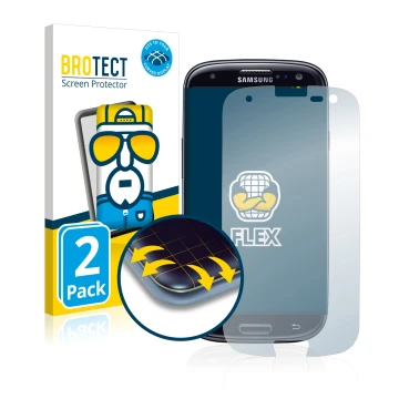 Face avant d’un emballage produit avec le logo de la marque BROTECT. À côté, l’appareil Samsung Galaxy S3 Neo I9300I est repré