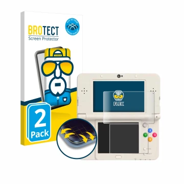 Face avant d’un emballage produit avec le logo de la marque BROTECT. À côté, l’appareil Nintendo New 3DS est représenté avec l