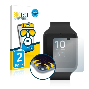 Face avant d’un emballage produit avec le logo de la marque BROTECT. À côté, l’appareil Sony Smartwatch 3 SWR50 est représenté