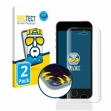 Face avant d’un emballage produit avec le logo de la marque BROTECT. À côté, l’appareil Apple iPhone SE 2016 est représenté av