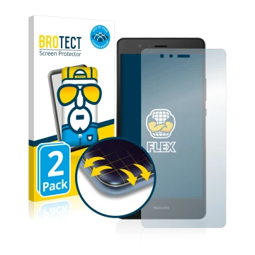 Face avant d’un emballage produit avec le logo de la marque BROTECT. À côté, l’appareil Huawei P9 est représenté avec la prote