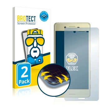 Face avant d’un emballage produit avec le logo de la marque BROTECT. À côté, l’appareil Sony Xperia X est représenté avec la p