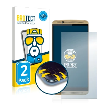 Face avant d’un emballage produit avec le logo de la marque BROTECT. À côté, l’appareil ZTE Axon 7 est représenté avec la prot