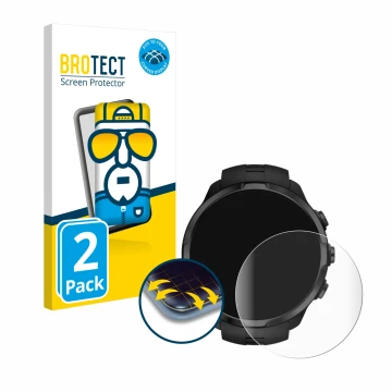 Face avant d’un emballage produit avec le logo de la marque BROTECT. À côté, l’appareil Suunto Spartan Sport Wrist HR est repr