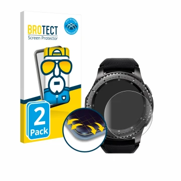 Face avant d’un emballage produit avec le logo de la marque BROTECT. À côté, l’appareil Samsung Gear S3 Frontier est représent