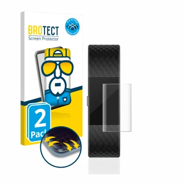 Face avant d’un emballage produit avec le logo de la marque BROTECT. À côté, l’appareil Fitbit Charge 2 est représenté avec la
