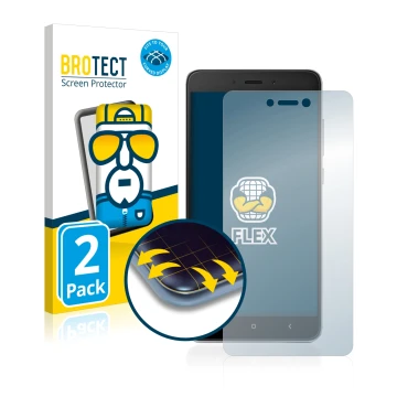 Face avant d’un emballage produit avec le logo de la marque BROTECT. À côté, l’appareil Xiaomi Redmi Note 4 est représenté ave