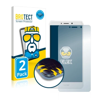 Face avant d’un emballage produit avec le logo de la marque BROTECT. À côté, l’appareil Honor 6X est représenté avec la protec