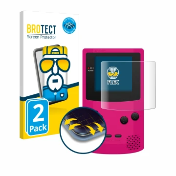 Face avant d’un emballage produit avec le logo de la marque BROTECT. À côté, l’appareil Nintendo Gameboy Color est représenté 