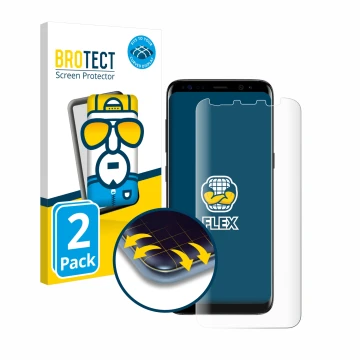 Face avant d’un emballage produit avec le logo de la marque BROTECT. À côté, l’appareil Samsung Galaxy S8 est représenté avec 