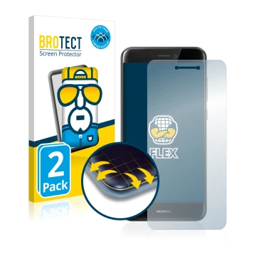 Face avant d’un emballage produit avec le logo de la marque BROTECT. À côté, l’appareil Huawei P8 Lite 2017 est représenté ave