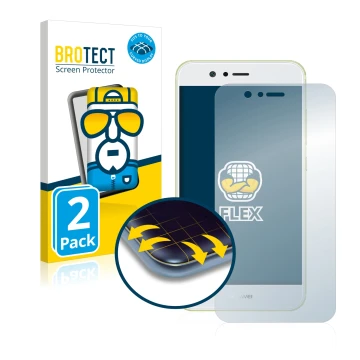 Face avant d’un emballage produit avec le logo de la marque BROTECT. À côté, l’appareil Huawei Nova 2 est représenté avec la p