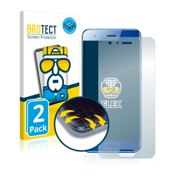 Face avant d’un emballage produit avec le logo de la marque BROTECT. À côté, l’appareil Honor 9 est représenté avec la protect