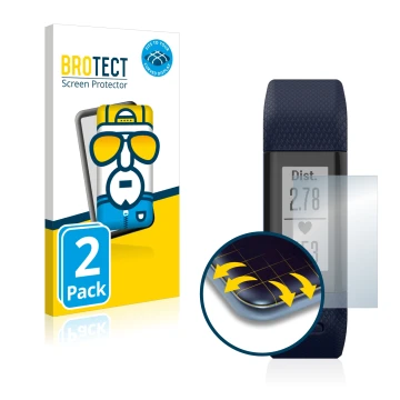 Face avant d’un emballage produit avec le logo de la marque BROTECT. À côté, l’appareil Garmin Vivosmart HR+ est représenté av