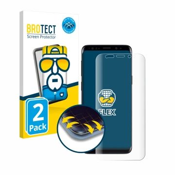 Face avant d’un emballage produit avec le logo de la marque BROTECT. À côté, l’appareil Samsung Galaxy S9 est représenté avec 