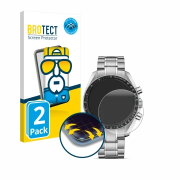 Face avant d’un emballage produit avec le logo de la marque BROTECT. À côté, l’appareil Omega Speedmaster Moonwatch Profession