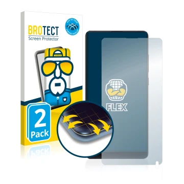 Face avant d’un emballage produit avec le logo de la marque BROTECT. À côté, l’appareil Xiaomi Mi Mix 2S est représenté avec l