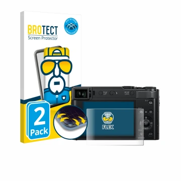 Face avant d’un emballage produit avec le logo de la marque BROTECT. À côté, l’appareil Panasonic Lumix DC-TZ202 est représent