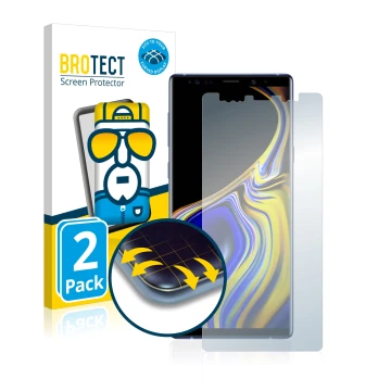 Face avant d’un emballage produit avec le logo de la marque BROTECT. À côté, l’appareil Samsung Galaxy Note 9 est représenté a