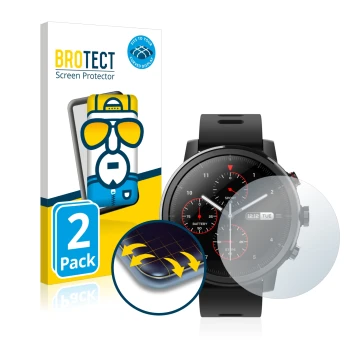 Face avant d’un emballage produit avec le logo de la marque BROTECT. À côté, l’appareil Huami Amazfit Stratos est représenté a