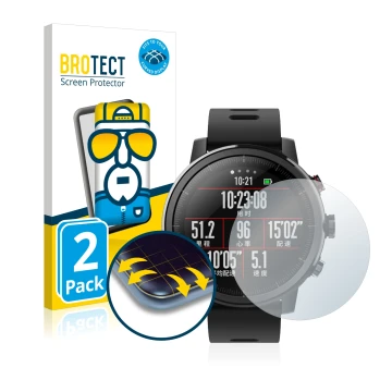 Face avant d’un emballage produit avec le logo de la marque BROTECT. À côté, l’appareil Huami Amazfit Stratos 2 est représenté
