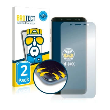 Face avant d’un emballage produit avec le logo de la marque BROTECT. À côté, l’appareil Samsung Galaxy J6 2018 est représenté 
