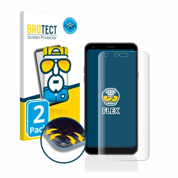 Face avant d’un emballage produit avec le logo de la marque BROTECT. À côté, l’appareil LG Q7 est représenté avec la protectio