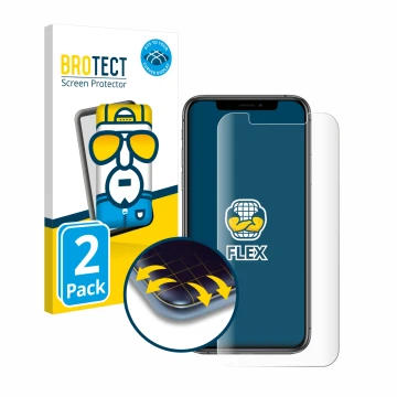 Face avant d’un emballage produit avec le logo de la marque BROTECT. À côté, l’appareil Apple iPhone Xs est représenté avec la