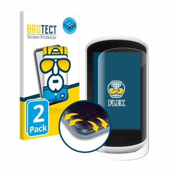 Face avant d’un emballage produit avec le logo de la marque BROTECT. À côté, l’appareil Garmin Edge Explore 2018 est représent