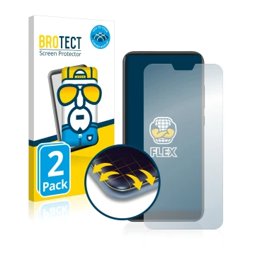 Face avant d’un emballage produit avec le logo de la marque BROTECT. À côté, l’appareil Xiaomi Mi A2 Lite est représenté avec 