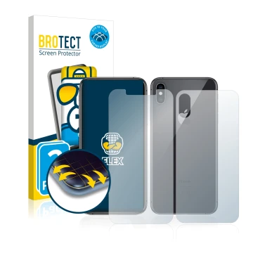 Face avant d’un emballage produit avec le logo de la marque BROTECT. À côté, l’appareil Apple iPhone Xs (Avant+Arrière) est re