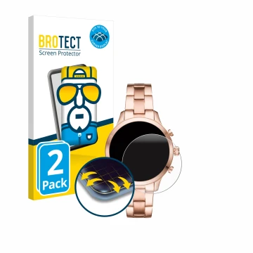 Face avant d’un emballage produit avec le logo de la marque BROTECT. À côté, l’appareil Michael Kors Access Runway (41 mm) est