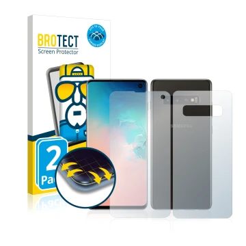 Face avant d’un emballage produit avec le logo de la marque BROTECT. À côté, l’appareil Samsung Galaxy S10 (Avant+Arrière) est