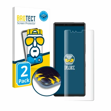 Face avant d’un emballage produit avec le logo de la marque BROTECT. À côté, l’appareil Sony Xperia 1 est représenté avec la p