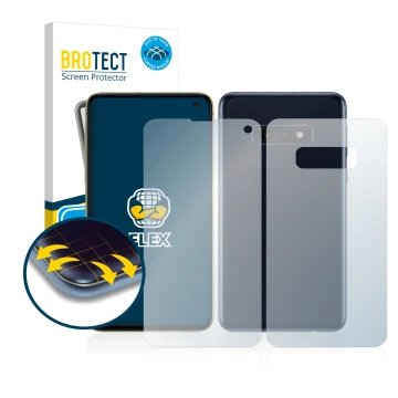 Face avant d’un emballage produit avec le logo de la marque BROTECT. À côté, l’appareil Samsung Galaxy S10e (Avant+Arrière) es