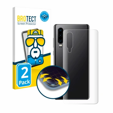 Face avant d’un emballage produit avec le logo de la marque BROTECT. À côté, l’appareil Huawei P30 (Arrière) est représenté av