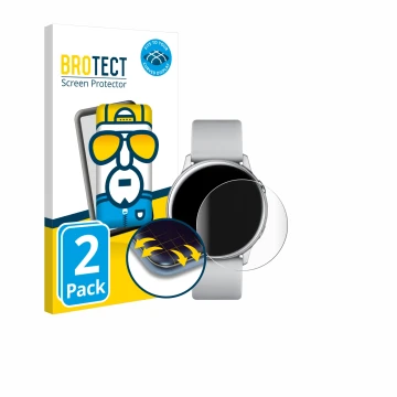 Face avant d’un emballage produit avec le logo de la marque BROTECT. À côté, l’appareil Samsung Galaxy Watch Active est représ