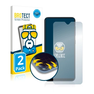 Face avant d’un emballage produit avec le logo de la marque BROTECT. À côté, l’appareil Samsung Galaxy A10 est représenté avec