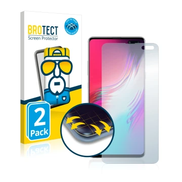 Face avant d’un emballage produit avec le logo de la marque BROTECT. À côté, l’appareil Samsung Galaxy S10 5G est représenté a