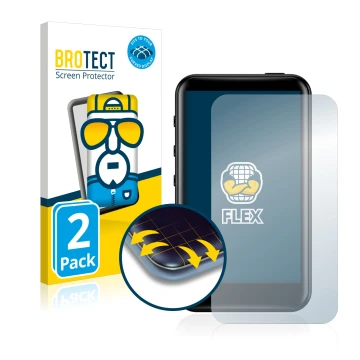 Face avant d’un emballage produit avec le logo de la marque BROTECT. À côté, l’appareil FiiO M6 est représenté avec la protect