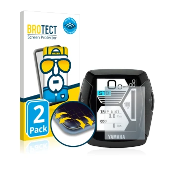 Face avant d’un emballage produit avec le logo de la marque BROTECT. À côté, l’appareil Yamaha LCD-C Display 2019 (E-Bike Disp