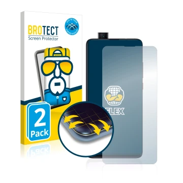 Face avant d’un emballage produit avec le logo de la marque BROTECT. À côté, l’appareil Xiaomi Mi 9T est représenté avec la pr