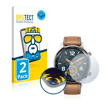 Face avant d’un emballage produit avec le logo de la marque BROTECT. À côté, l’appareil Huawei Watch GT Classic est représenté