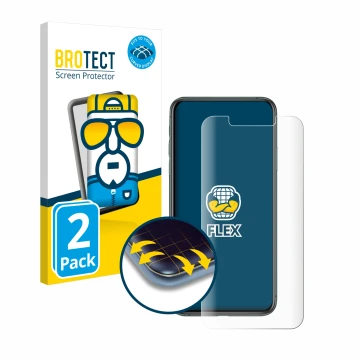 Face avant d’un emballage produit avec le logo de la marque BROTECT. À côté, l’appareil Apple iPhone 11 Pro Max est représenté