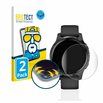 Face avant d’un emballage produit avec le logo de la marque BROTECT. À côté, l’appareil Garmin vivoactive 4 (45 mm) est représ