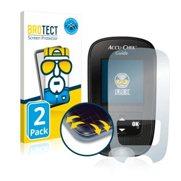 Face avant d’un emballage produit avec le logo de la marque BROTECT. À côté, l’appareil Accu-Chek Guide est représenté avec la