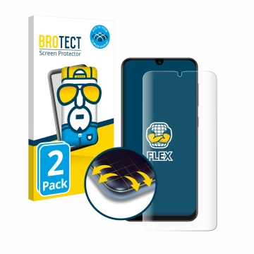 Face avant d’un emballage produit avec le logo de la marque BROTECT. À côté, l’appareil Samsung Galaxy A50s est représenté ave