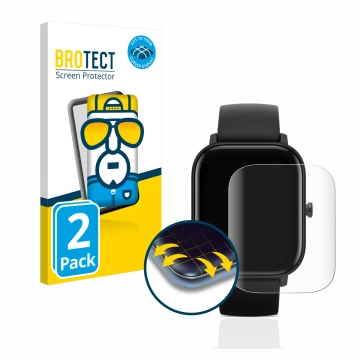 Face avant d’un emballage produit avec le logo de la marque BROTECT. À côté, l’appareil Huami Amazfit GTS est représenté avec 