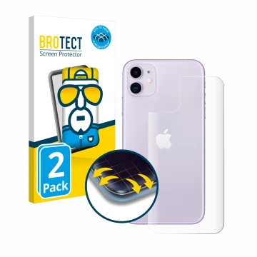 Face avant d’un emballage produit avec le logo de la marque BROTECT. À côté, l’appareil Apple iPhone 11 (Arrière) est représen