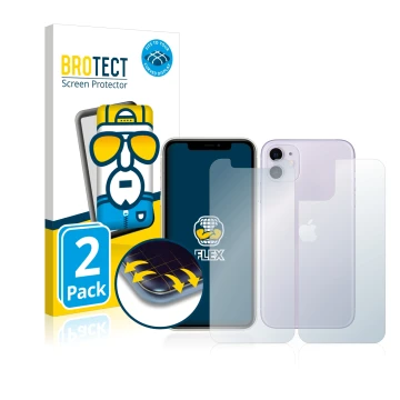 Face avant d’un emballage produit avec le logo de la marque BROTECT. À côté, l’appareil Apple iPhone 11 (Avant+Arrière) est re